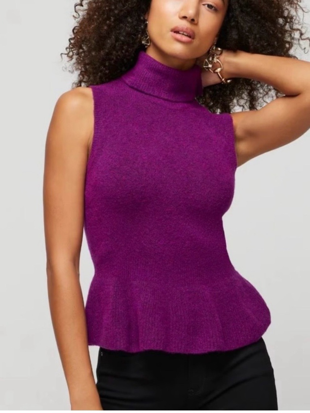 White House Black Market Sleeveless Turtleneck Peplum Sweater - Purple XS